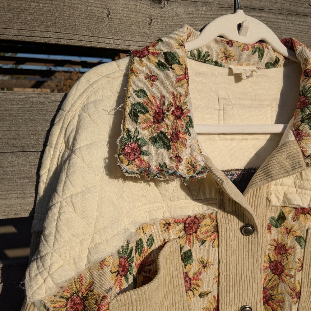 POL Anthropology Mixed Media Raw Edge Floral TapestrCorduroy Women's Jean Jacket - Picture 2 of 8